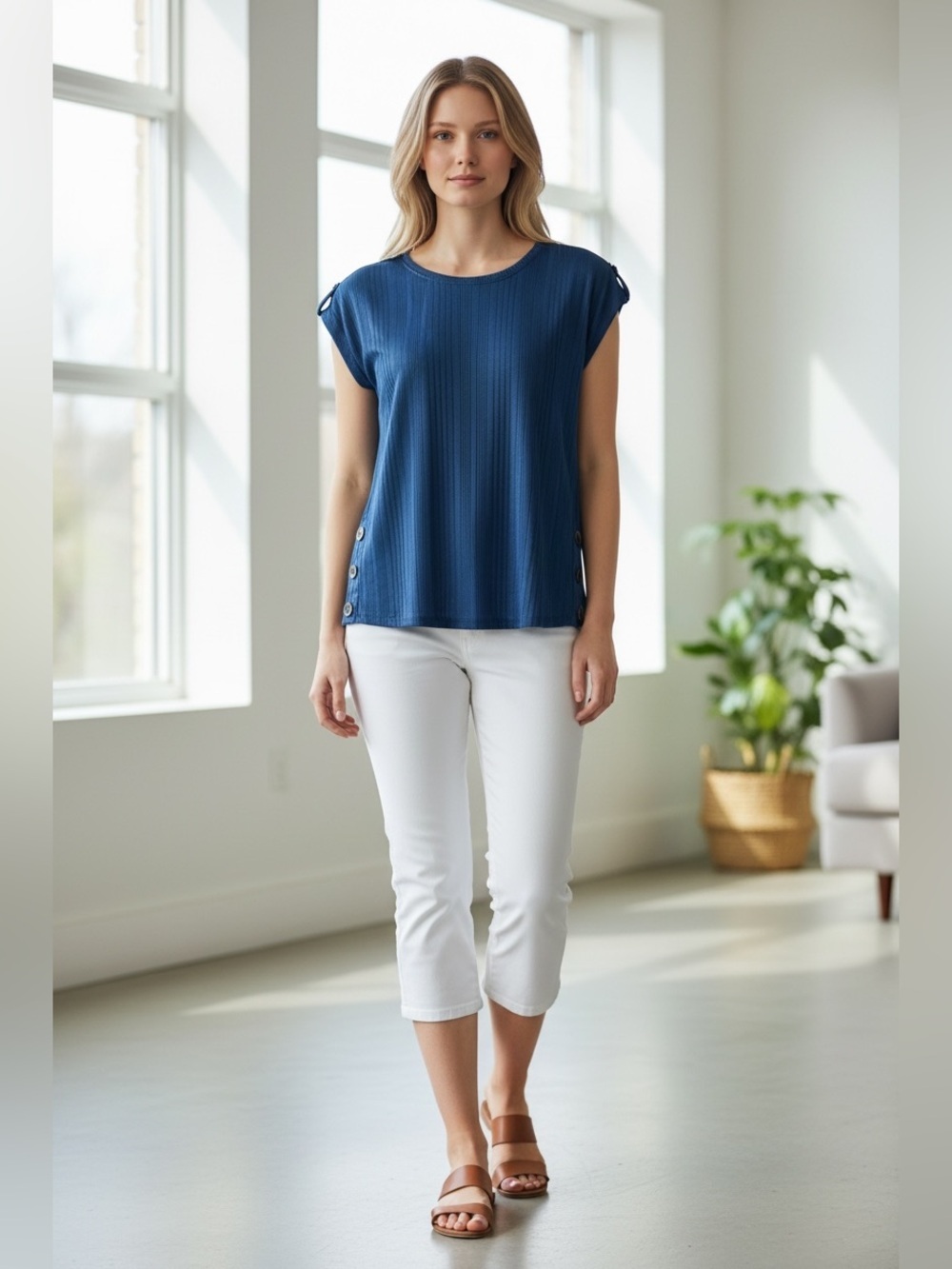 mySTYLE Blue Ribbed Stretch Top Women, Button Detail Short Sleeve Blouse, Large